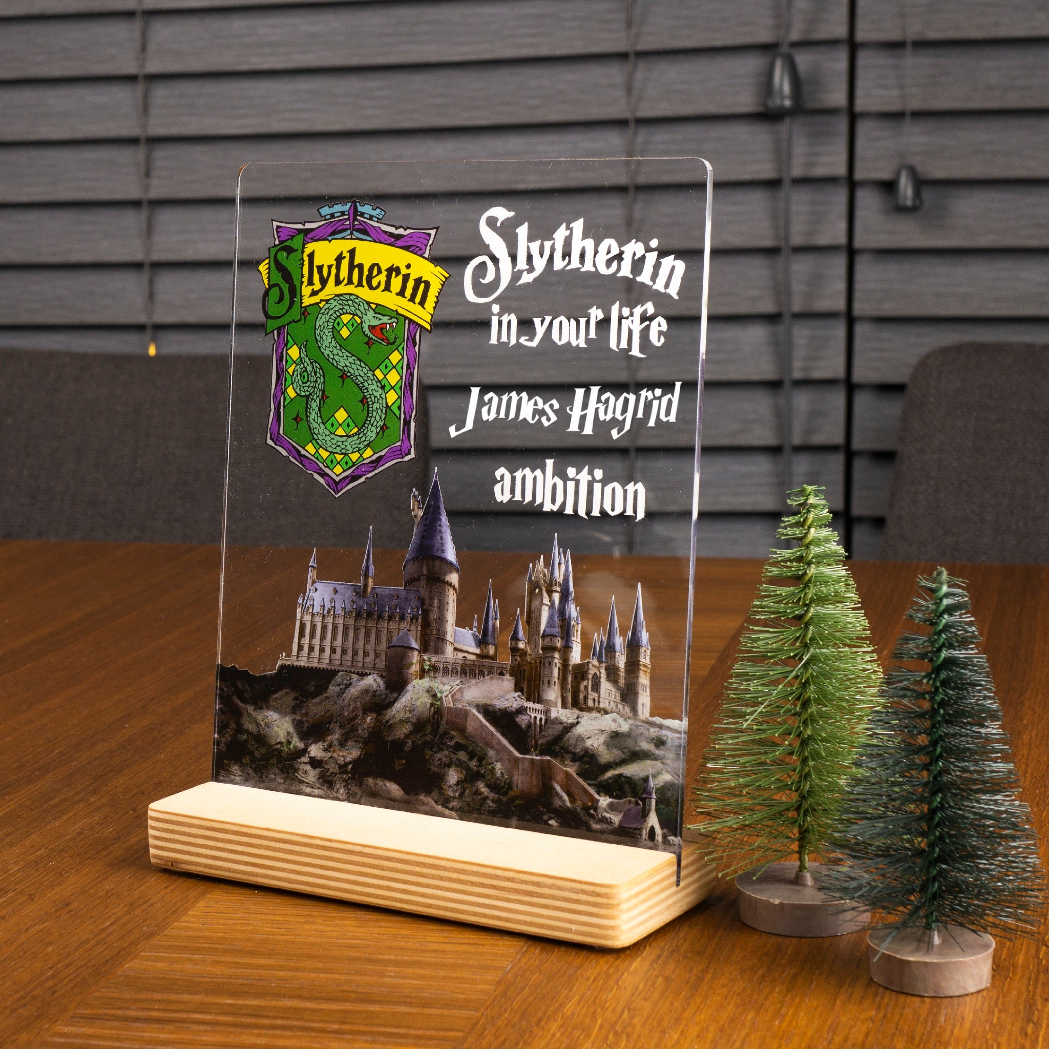 Harry Potter Hogwarts Slytherin Personalisierte Geschenk mit UV-Druck Holzaufsteller & Geschenkbox